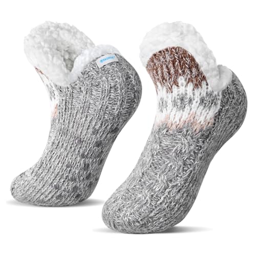 WOTENCE Damen Hausschuhe Socken ABS Sohle Nicht Gleiten Strick Fleece Gefütterte Warme Anti-Rutsch Socken Winter Haussocken(Grau) von WOTENCE