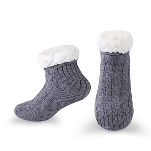WOTENCE Damen Hausschuhe Socken ABS Sohle Nicht Gleiten Strick Fleece Gefütterte Warme Anti-Rutsch Socken Winter Haussocken(Einfarbig Grau) von WOTENCE