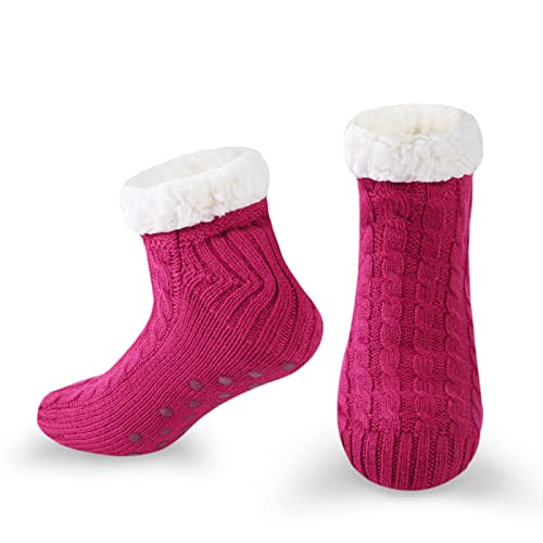 WOTENCE Damen Hausschuhe Socken ABS Sohle Nicht Gleiten Strick Fleece Gefütterte Warme Anti-Rutsch Socken Winter Haussocken(Einfarbig Rosa) von WOTENCE