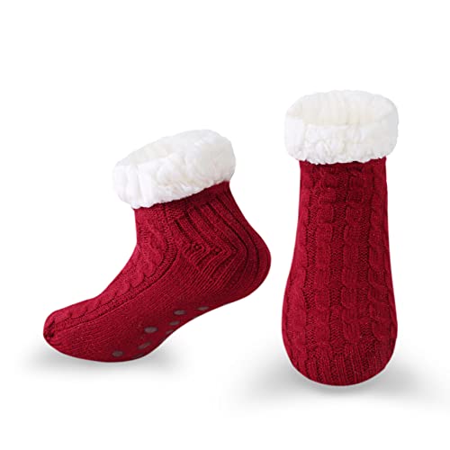 WOTENCE Damen Hausschuhe Socken ABS Sohle Nicht Gleiten Strick Fleece Gefütterte Warme Anti-Rutsch Socken Winter Haussocken(Einfarbig Rot) von WOTENCE
