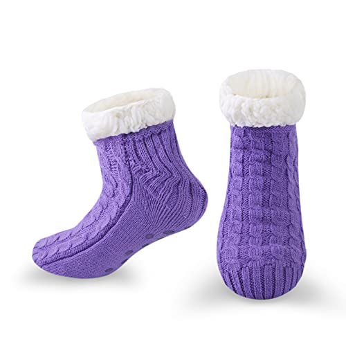 WOTENCE Damen Hausschuhe Socken ABS Sohle Nicht Gleiten Strick Fleece Gefütterte Warme Anti-Rutsch Socken Winter Haussocken(Einfarbig Violett) von WOTENCE