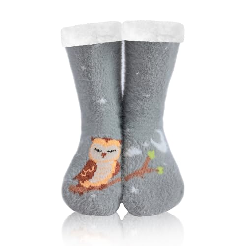 WOTENCE Hausschuhe Socken Damen Wollsocken Wintersocken Soft Warm Niedlichen Tier Winter Anti-Rutsch Socken Damen Thermosocken(Eule Grau von WOTENCE