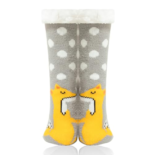 WOTENCE Hausschuhe Socken Damen Wollsocken Wintersocken Soft Warm Niedlichen Tier Winter Anti-Rutsch Socken Damen Thermosocken(Fuchs Grau)… von WOTENCE