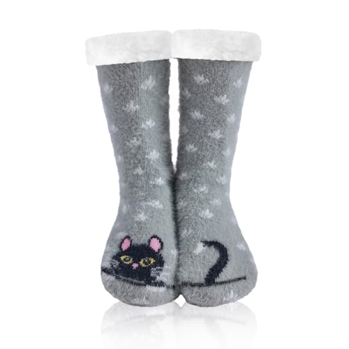 WOTENCE Hausschuhe Socken Damen Wollsocken Wintersocken Soft Warm Niedlichen Tier Winter Anti-Rutsch Socken Damen Thermosocken(Katze Grau) von WOTENCE