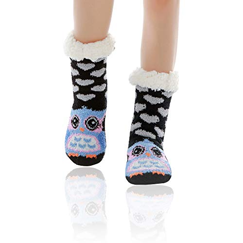 WOTENCE Hausschuhe Socken Damen Wollsocken Wintersocken Soft Warm Niedlichen Tier Winter Anti-Rutsch Socken Damen Thermosocken (Eule) von WOTENCE