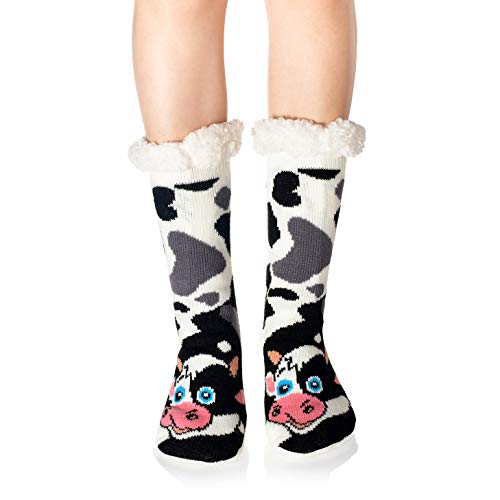 WOTENCE Hausschuhe Socken Damen Wollsocken Wintersocken Soft Warm Niedlichen Tier Winter Anti-Rutsch Socken Damen Thermosocken (Kuh) von WOTENCE