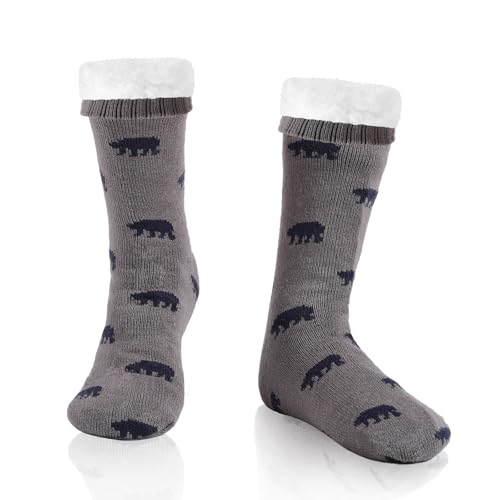 WOTENCE Herren Warme Dicke Wintersocken Anti Rutsch Sohle,Flauschig Thermo Socken Innenfrottee Hausschuhe Socken（Bär Grau） von WOTENCE