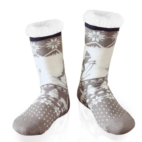 WOTENCE Herren Warme Dicke Wintersocken Anti Rutsch Sohle,Flauschig Thermo Socken Innenfrottee Hausschuhe Socken(Love (Ski (Hellgrau)) von WOTENCE