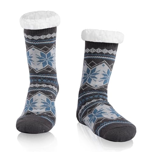 WOTENCE Herren Warme Dicke Wintersocken Anti Rutsch Sohle,Flauschig Thermo Socken Innenfrottee Hausschuhe Socken（Schneeflocke Hellblaue） von WOTENCE