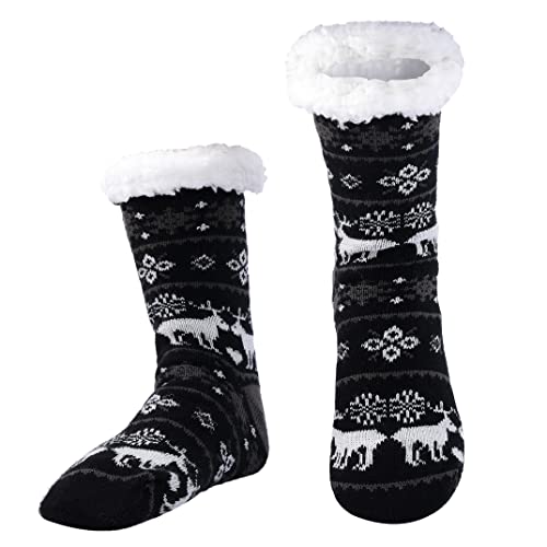 WOTENCE Herren Warme Dicke Wintersocken Anti Rutsch Sohle,Flauschig Thermo Socken Innenfrottee Hausschuhe Socken (Black Deer) von WOTENCE