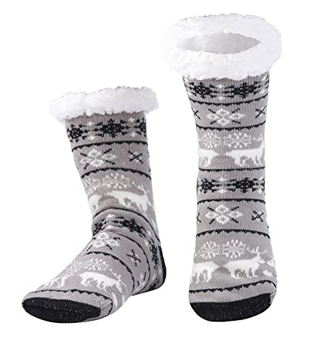 WOTENCE Herren Warme Dicke Wintersocken Anti Rutsch Sohle,Flauschig Thermo Socken Innenfrottee Hausschuhe Socken (Hellgrauer Hirsch) von WOTENCE