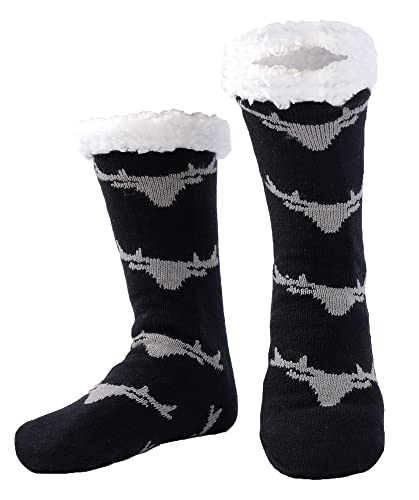 WOTENCE Herren Warme Dicke Wintersocken Anti Rutsch Sohle,Flauschig Thermo Socken Innenfrottee Hausschuhe Socken (Schwarzer Hirsch-a) von WOTENCE