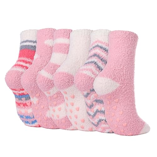 WOTENCE Rutschfeste Socken Kuschelsocken für Damen Flauschige Wintersocken Warme Slippersocken 6 Pairs（Rosa） von WOTENCE