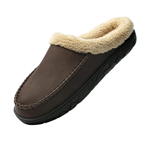 WOTTE Herren Mokassin Hausschuhe Microsuede Fleece Fuzzy Gefüttert Memory Foam Haus Schuhe für Indoor Outdoor, Kaffee (Obermaterial aus Kunstleder), 15-16 von WOTTE