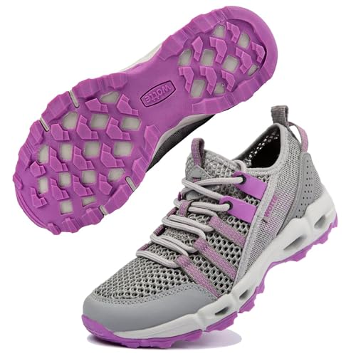 WOTTE Wanderschuhe Damen Trekkingschuhe Leicht rutschfeste Outdoor-Sportschuhe Atmungsaktive Mesh Sommer Fahrradschuhe Wasserschuhe Grau Lila 36 EU von WOTTE