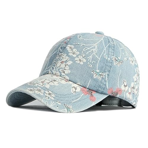 Basecap Herren Floral Denim Baseball Cap Hut Frauen Mode Blume Trucker Caps Denim Jeans Frauen Tragen Kappe Frauen Coole Hut Kappen Für Frauen, Hellblau, 56-60 cm von WouND
