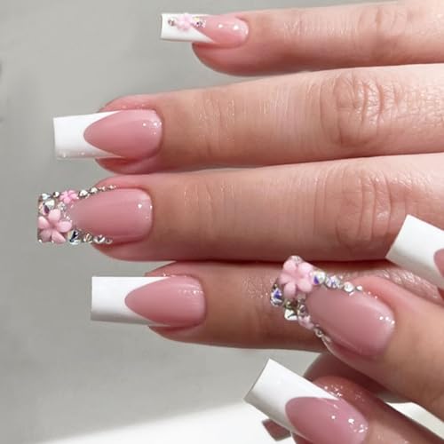 24 Stück Französische Quadratische Nagelspitzen Mit Verzierten Strasssteinen Und 3D Blumen Die Vollständig Künstliche Nägel Für Damen Abdecken 24 Stück Französische Quadratische Nagelspitzen Mit Verzierten Strasssteinen Und 3D Blumen Die Vollständig Künstliche Nägel Für Damen Abdecken von WOURRD