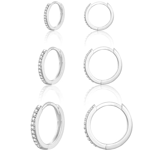 WOVEE Ohrringe Silber 925, 3 Paar Silber Ohrringe Damen Set(8/10/12mm) Hypoallergen Huggies Creolen Silber 925 Klein mit Zirkonia für Damen Herren Mädchen von WOVEE