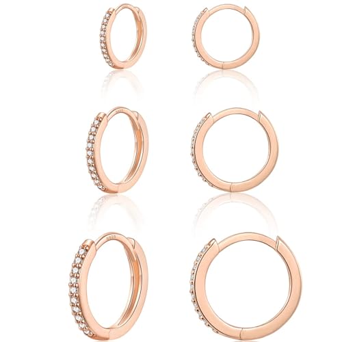 WOVEE 3 Paar Creolen Rosegold, Ohrringe Silber 925 Set (8mm/10mm/12mm) Hypoallergen Huggies Rose Vergoldet Ohrringe Rosegold Klein mit AAA Zirkonia für Damen Mädchen von WOVEE