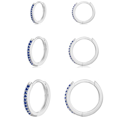 WOVEE 3 Paar Creolen Silber 925 Blau, Ohrringe Silber Set (8mm/10mm/12mm) Hypoallergen Huggies Ohrringe Creolen Klein mit Blau Zirkonia für Damen Herren Mädchen von WOVEE