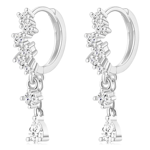 WOVEE Creolen AAA Zirkonia mit Tropfen Anhänger Klein 10mm Ohrringe Hängend Weiß Vergoldet Quasten Baumeln Damen von WOVEE