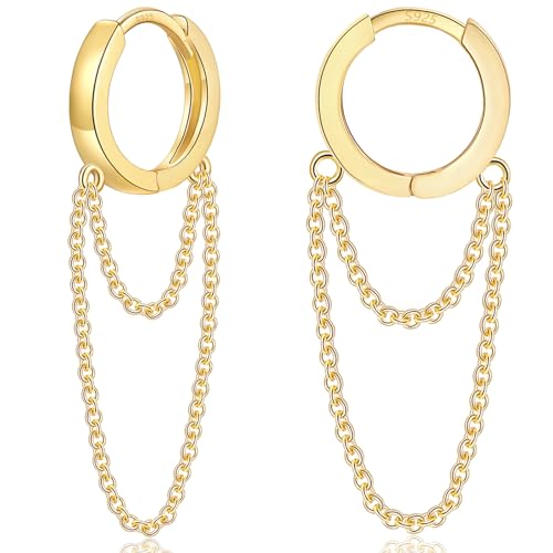 WOVEE Creolen Gold mit Kette Anhänger Chain Klein 8mm Ohrringe Silber 925 Hängend Vergoldet Ohrringe mit Kette Verbunden Silberohrringe 925 Damen Herren von WOVEE