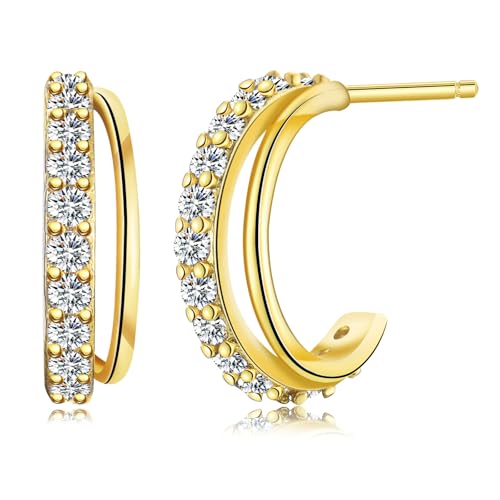 WOVEE Doppelschichtige C förmige Ohrstecker mit Einzelreihe Zirkonia Schlichte Ohrringe Gold Damen Schmuck Geschenke von WOVEE