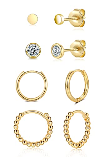 WOVEE Ohrringe Set Gold Rund Ohrstecker Zirkonia & Creolen Silber 925 Vergoldet Damen Herren Mädchen 3mm 4mm 10mm 12mm von WOVEE