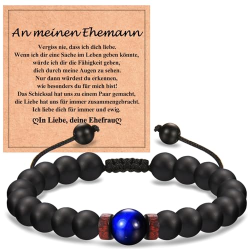 WOVEE Perlenarmband Herren 8mm Obsidian 9mm Blauer Tigerauge Stein Armband Natursteinen Kugelarmband Verstellbar Geburtstagsgeschenk Schmuck Geschenk für Ehemann Mann von Ehefrau Frau von WOVEE