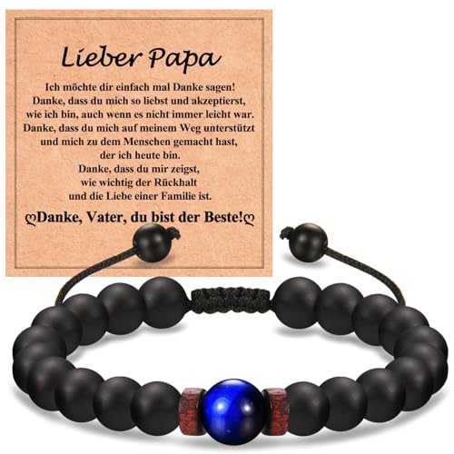 WOVEE Perlenarmband Herren 8mm Obsidian 9mm Blauer Tigerauge Stein Armband Natursteinen Kugelarmband Verstellbar Geburtstagsgeschenk Schmuck Geschenk für Papa Vater von Sohn Tochter von WOVEE