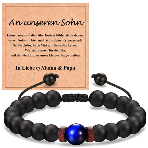 WOVEE Perlenarmband Herren 8mm Obsidian 9mm Blauer Tigerauge Stein Armband Natursteinen Kugelarmband Verstellbar Geburtstagsgeschenk Schmuck Geschenke für Sohn von Papa Vater und Mama Mutter von WOVEE