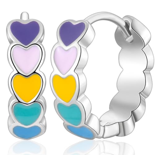 WOVEE Regenbogen Herzohrringe Mehrfarbig Harz Herz Creolen Bunt Ohrringe 12mm Damen Mädchen Damenohrringe Versilbert von WOVEE