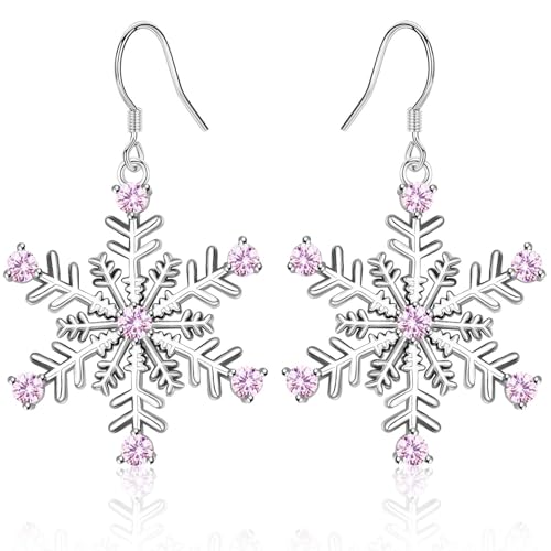 WOVEE Schneeflocken Hängend Ohrringe Pink AAA Zirkonia Hängeohrringe Schneeflocken Anhänger Weihnachten Schmuck Geschenke für Damen Frauen von WOVEE