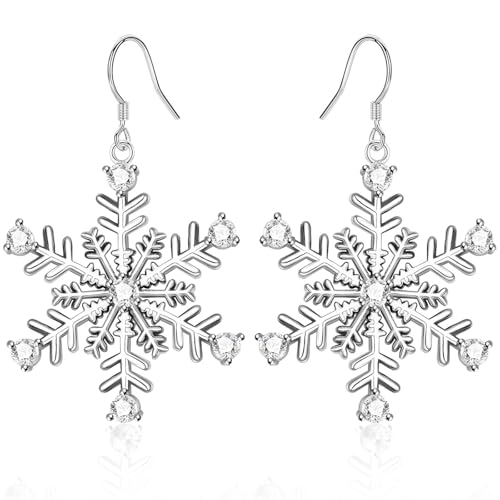WOVEE Schneeflocken Hängend Ohrringe Weiß AAA Zirkonia Hängeohrringe Schneeflocken Anhänger Weihnachten Schmuck Geschenke für Damen Frauen von WOVEE