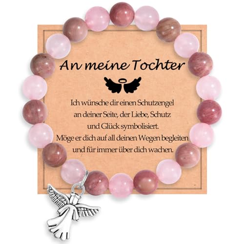 WOVEE Schutzengel Armband Tochter Engel Guardian Angel Charm Perlenarmband Naturstein Rose Rhodonite Pink Kristalle Gesundheit Geburtstag Weihnachten Geschenke Mädchen von WOVEE