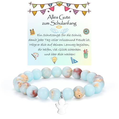 WOVEE Schutzengel Armband zum Schulanfang Engel Anhänger Perlenarmband Blau Grün Rot Stein Schulkind Einschulung Geschenke Mädchen Kinder von WOVEE