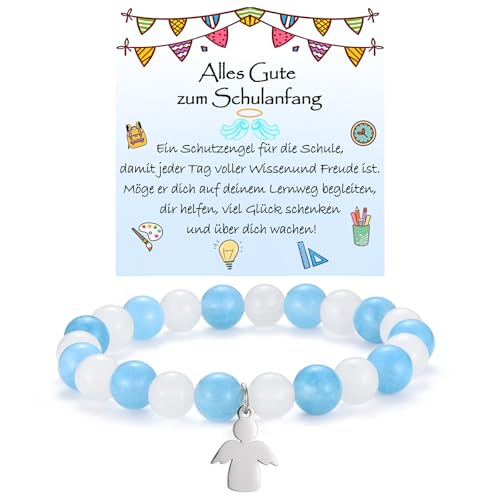 WOVEE Schutzengel Armband zum Schulanfang Engel Anhänger Perlenarmband Blau Stein Schulkind Einschulung Geschenke Mädchen Kinder von WOVEE