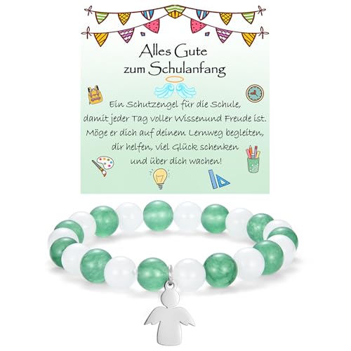 WOVEE Schutzengel Armband zum Schulanfang Engel Anhänger Perlenarmband Grün Stein Schulkind Einschulung Geschenke Mädchen Kinder von WOVEE