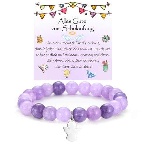 WOVEE Schutzengel Armband zum Schulanfang Engel Anhänger Perlenarmband Lila Stein Schulkind Einschulung Geschenke Mädchen Kinder von WOVEE
