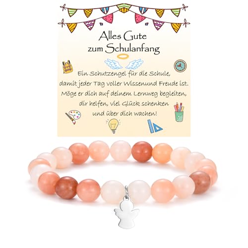 WOVEE Schutzengel Armband zum Schulanfang Engel Anhänger Perlenarmband Orange & Weiß Stein Schulkind Einschulung Geschenke Mädchen Kinder von WOVEE