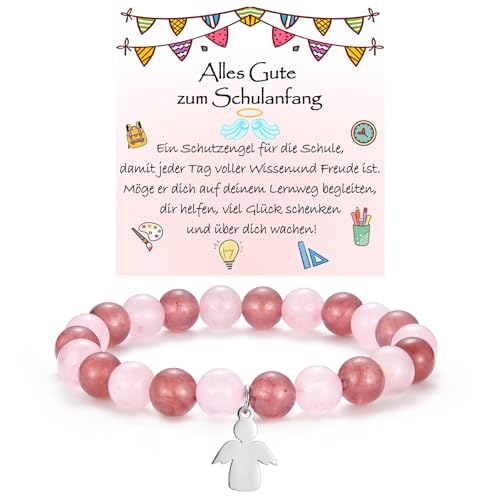 WOVEE Schutzengel Armband zum Schulanfang Engel Anhänger Perlenarmband Pikn Rosa Stein Schulkind Einschulung Geschenke Mädchen Kinder von WOVEE