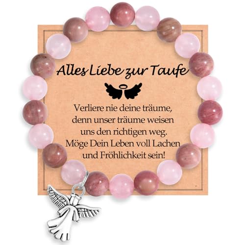 WOVEE Taufgeschenke Schutzengel Armband Engel Guardian Angel Anhänger Perlenarmband Naturstein Rose Rhodonite Pink Kristalle Taufe Kommunion Geschenke Mädchen Kinder von WOVEE