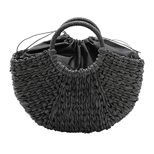 Wovelot Strandtasche, handgefertigt, Strohtasche, rund, groß, für den Sommer, für Damen, Körbchen, natürlich, gefüttert, Schwarz Wovelot Strandtasche, handgefertigt, Strohtasche, rund, groß, für den Sommer, für Damen, Körbchen, natürlich, gefüttert, Schwarz von WOVELOT