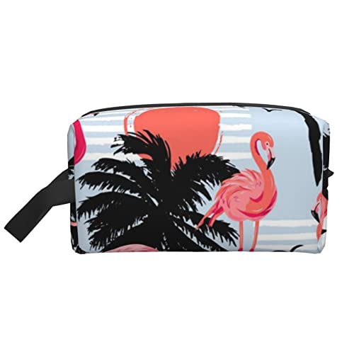 WOWBED Make-up-Tasche mit pinkem Flamingo und Blättern, bedruckt, mit Reißverschluss, tragbar, Reise-Kosmetik-Organizer für Frauen und Mädchen, Weiß, Einheitsgröße, weiß, Einheitsgröße von WOWBED