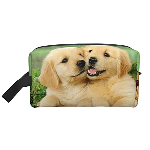 WOWBED Welpe Golden Retriever bedruckte große Make-up-Tasche mit Reißverschluss, tragbarer Reise-Kosmetik-Organizer für Frauen und Mädchen, Weiß, Einheitsgröße, weiß, Einheitsgröße von WOWBED