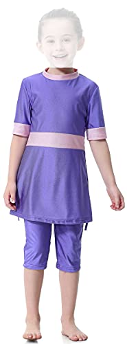 WOWDECOR Muslimische Bademode für Mädchen, 2 Stück Kurze Ärmel Shorts Badeanzug, violett, 52 von WOWDECOR