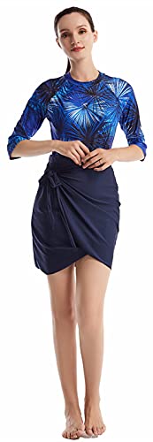 WOWDECOR Muslimischer Badeanzug Damen, 2 Stücke Bescheidener Badeanzug Kurzarm Badebekleidung mit Baderock Set,Navy Blue, XL von WOWDECOR