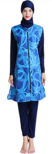 WOWDECOR Muslimisches Badeanzug für Damen, Übergröße, durchgehender abgedeckter langer Reißverschluss, Burkini islamisch, bescheidener Bademode, Druck, blau, M von WOWDECOR