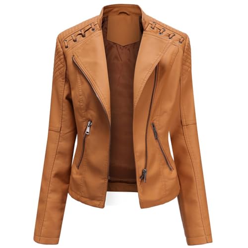 WOWEI Damen PU Leder Jacke Frühling Herbst Bekleidung Mode Female Kunstlederjacke Kurz Moto Biker Mantel Motorradjacke Damen Leicht Lederjacke mit Reißverschluss (Braun, L) von WOWEI