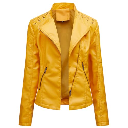 WOWEI Damen PU Leder Jacke Frühling Herbst Bekleidung Mode Female Kunstlederjacke Kurz Moto Biker Mantel Motorradjacke Damen Leicht Lederjacke mit Reißverschluss (Gelb, L) von WOWEI